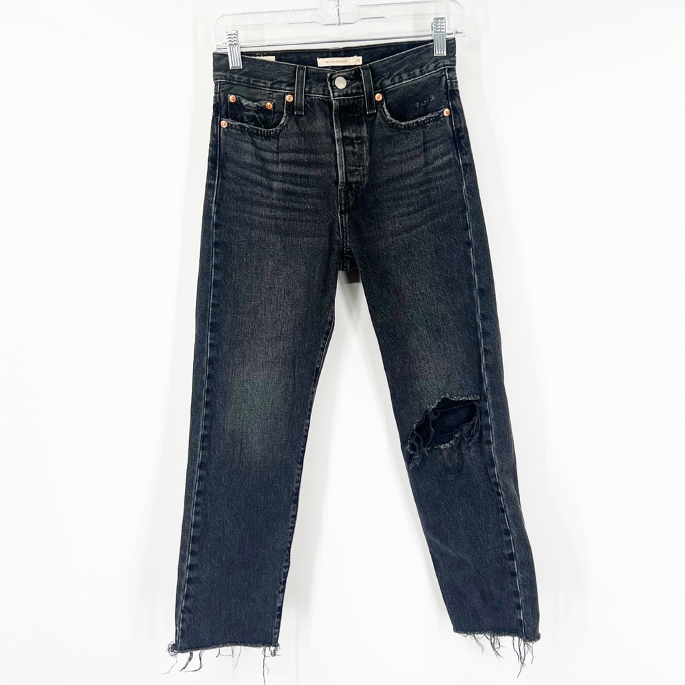 Levi’s Wedgie Straight Button Fly Jeans Black Distressed Raw Hem